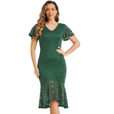 Allegra K Women's Elegant Floral Lace V Neck Ruffle Short Sleeve Mermaid Bodycon Dress