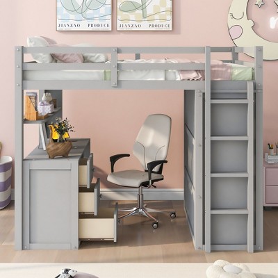 Okak Full Size Wood Bunk Bed with Built-in Wardrobe, Storage Drawers, Loft Bunk Bed with Desk for Teens, Easy Assemble, Gray