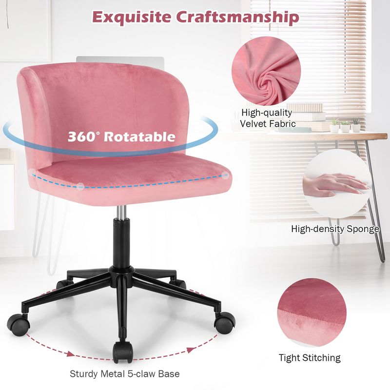 Costway Velvet Home Office Leisure Vanity Chair Armless Adjustable Swivel Pink\Blue, 5 of 13