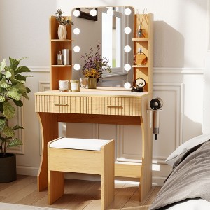 Vanity Desk with LED Lighted Mirror and 3 Adjustable Lights,  Makeup Vanity with Storage Stool, 2 Large Drawers and 4 Open Shelves - 1 of 4