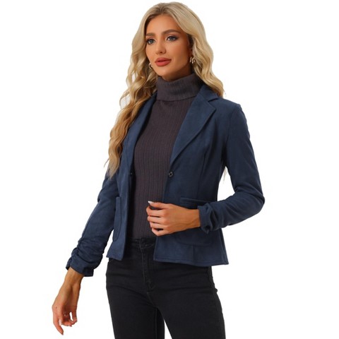 INSPIRE CHIC Women's Notched Collar Button Ruched Long Sleeve Faux Suede Blazer Medium Dark Blue