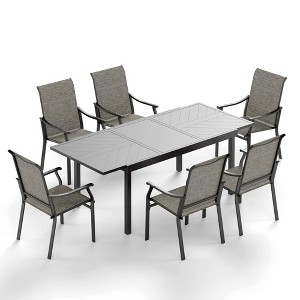 Captiva Designs 7pc Outdoor Dining Steel Table with Umbrella Hole & Brown Textilene Arm Chairs - 1 of 4