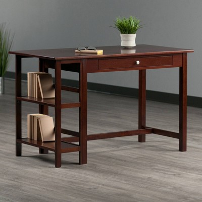 Transitional Walnut Wood Home Office Desk with Drawer and Shelves