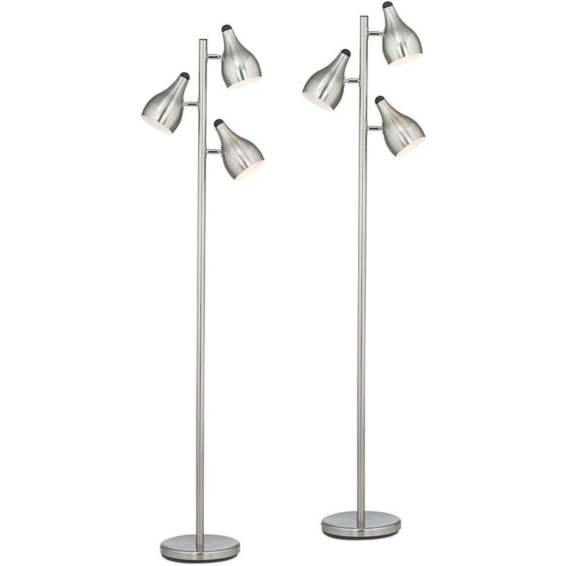 360 Lighting Trac Modern 64" Tall Standing Floor Lamps Set of 2 Lights Tree-Style 3-Light Adjustable Silver Metal Brushed Steel Finish Living Room, 1 of 9