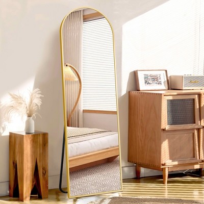 MAYEERTY Aluminum Full-Length Mirror 58x18in, Gold, Arch Shape, Tempered Glass, With Stand