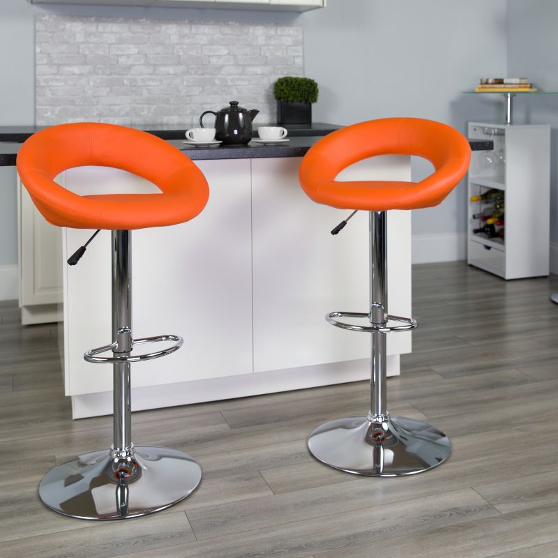 Emma and Oliver 2 Pack Contemporary Vinyl Rounded Orbit-Style Back Adjustable Height Barstool with Chrome Base, 2 of 8