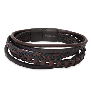 Steeltime Men's black & brown braided leather and black ip stainless steel magnetic layered bracelet - 1 of 4