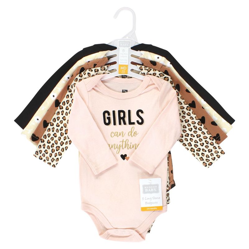Hudson Baby Infant Girl Cotton Long-Sleeve Bodysuits, Cinnamon Hearts 5 Pack, 2 of 8