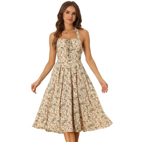 Женские платья INSPIRE CHIC Women's Floral Halter Neck Sleeveless Lace Up Midi Summer Sundresses Beige Small
