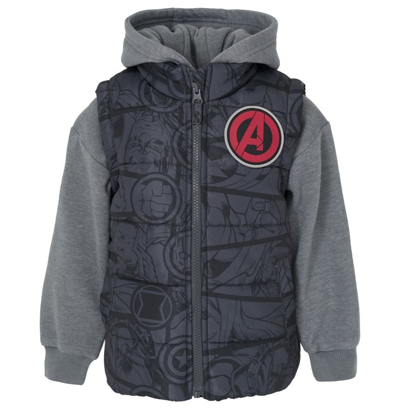 Marvel Avengers Iron Man Thor Captain America Zip Up Vest 2fer Jacket and Pullover Fleece Hoodie Toddler, 3 of 8
