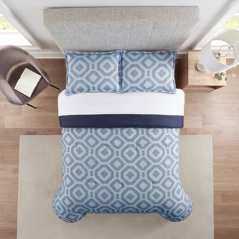 Photos - Duvet Serta 3pc King Skyler Textured Geometric Antimicrobial Comforter Set Light Blue/ 