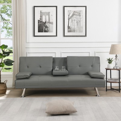 FURNIinspire Sofa bed with Armrest two holders, Wood Frame, Stainless Leg, Futon Grey, 66.1"*31.7"*28.3"