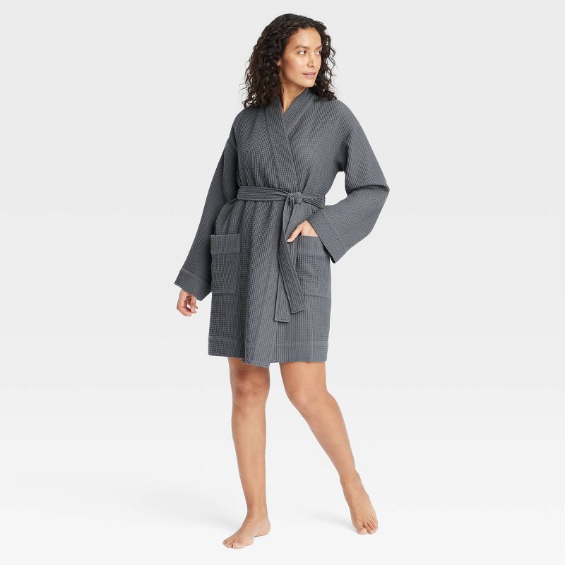 Women's Waffle Short Robe - Auden™ Dark Gray M/L: Cotton Blend, Recycled Polyester, Midweight, Front Tie, Long Sleeve, Machine Washable