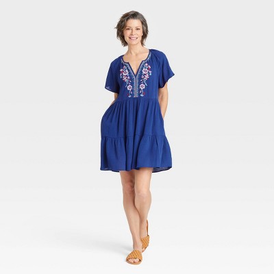 Women's Raglan Short Sleeve Embroidered Tiered A-Line Dress - Knox Rose™