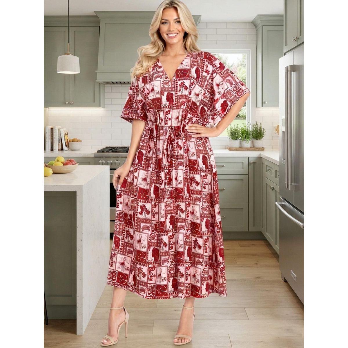 LA LEELA Summer Rayon Blend Women Vacation Caftan Maxi Dress Holiday Resortwear Cruise Pregnancy Wear Comfortable Outfit 2X-3X Red Turtle - thumbnail 5
