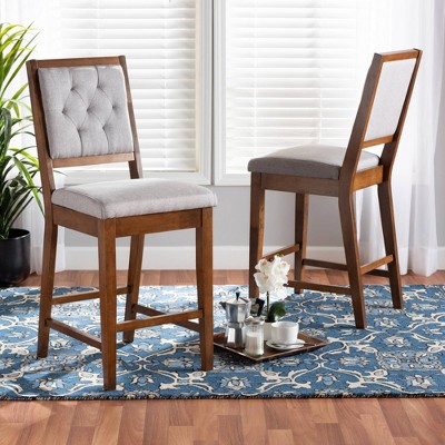 Elegant Grey Fabric and Walnut Brown Wood Counter Stool Set