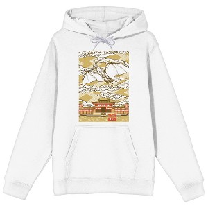 Godzilla Rodan Flying Over Temple Long Sleeve Adult White Hooded Sweatshirt - 1 of 3