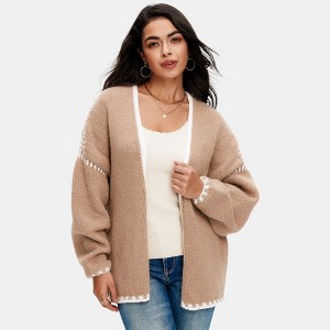 Knit & Lounge Women’s Open Front Long Sleeve Colorblock Trim Cardigan Sweater with Ribbed Hem - 1 of 4