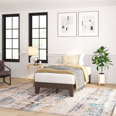 Walnut Twin Wood Platform Bed with Headboard and Drawer