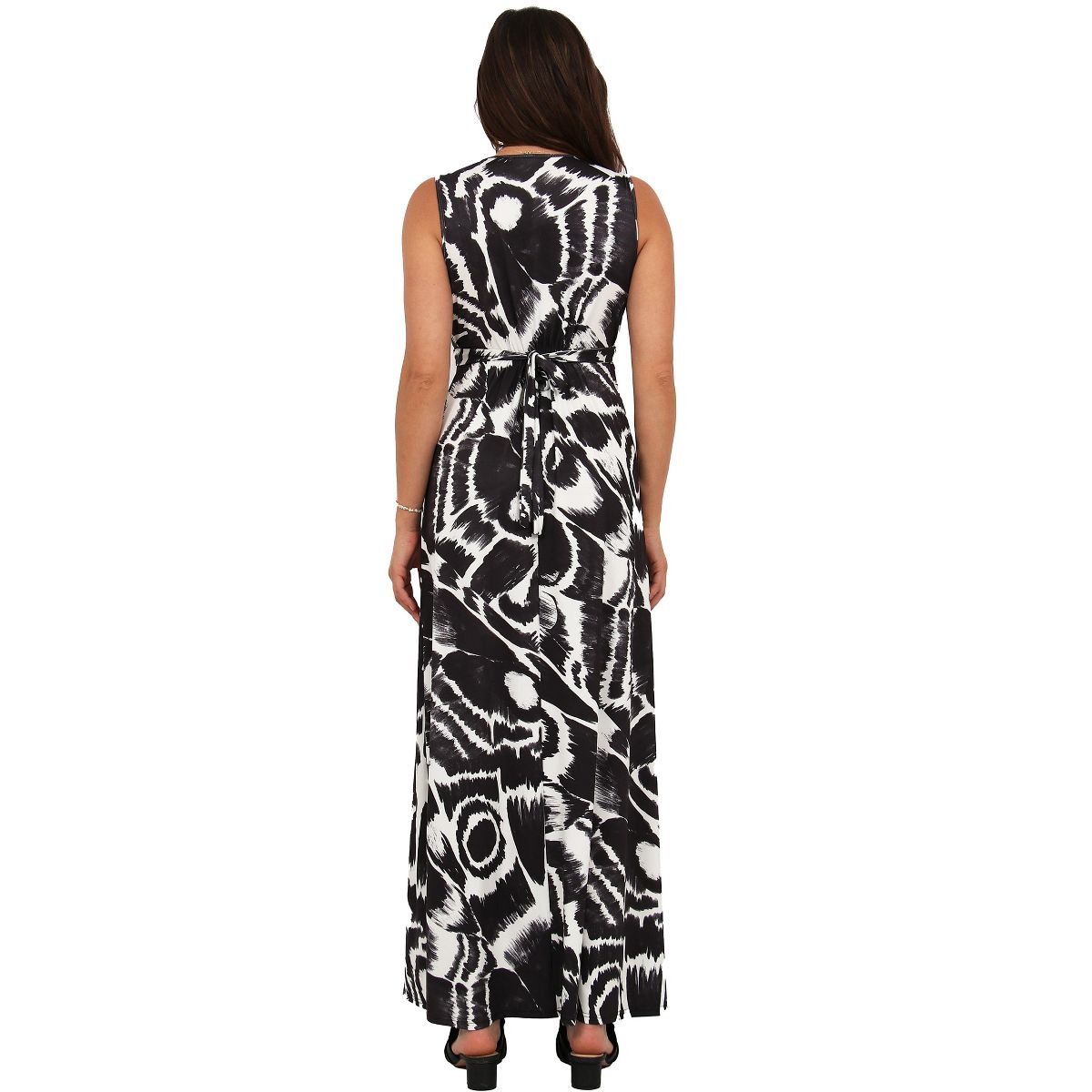 Womens Essential Abstract Print V Neck Sleeveless Tie Back Empire Waist Maxi Dress - 24seven Comfort Apparel™ - thumbnail 3