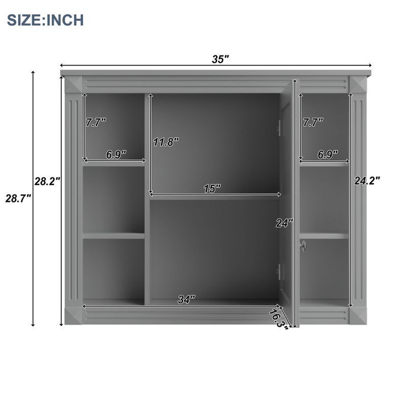 35" Wall Mount Bathroom Storage Cabinet with 6 Open Shelves, Modern Bathroom Wall Cabinet with Mirror - ModernLuxe, 3 of 7