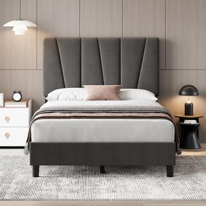 Twin Size Bed Frame with Adjustable Headboard, Linen Upholstered Bedframe with Strong Wooden Slats, Mattress Foundation, Dark Grey - 1 of 4