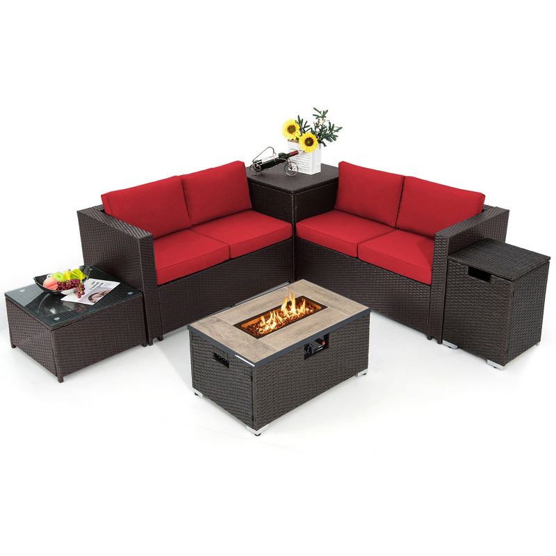 Tangkula 6 Piece Patio Sofa & Fire Table Set Outdoor Rattan Sectional Sofa Set w/ Storage Box Red, 1 of 9