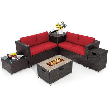 Tangkula 6 Piece Patio Sofa & Fire Table Set Outdoor Rattan Sectional Sofa Set w/ Storage Box Red