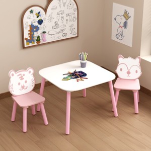 FURNIinspire Kids Table Sets Kids Table Chairs, 3 Piece Wooden Toddler Table with Animal Backrest Desk for Nursery, Pink, 23.62"*23.62"*17.32" - 1 of 4