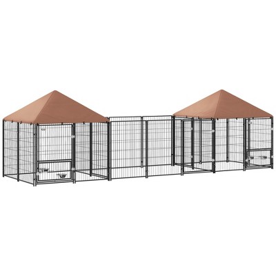 PawHut Dog Kennel Outside, Large Outdoor Dog Kennel with Rotating & Adjustable Height Bowls