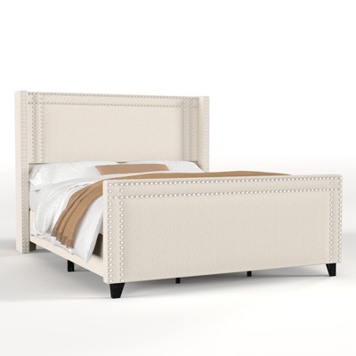 Bed Frame with 58" Tall Headboard,Silver Plating Trim,Velvet Upholstered
