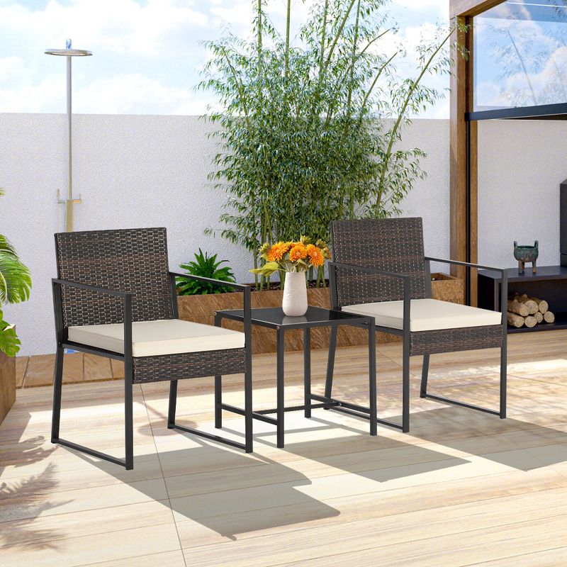 Tangkula 3PCS Patio Rattan Hand-Woven PE Wicker Bistro Set Outdoor Furniture Set w/ Table & Cushion, 4 of 11
