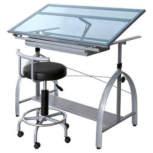 Yaheetech Adjustable Glass Drafting Table & Stool Set Black : Target