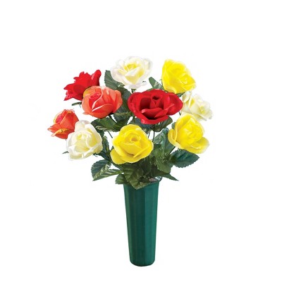 Collections Etc Faux Multicolor Roses & Vase for Cemetary Memorial Grave Marker