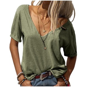 Imily Bela Womens T Shirt Deep V Neck Short Sleeve Casual Fit Basic Fashion Top - 1 of 3