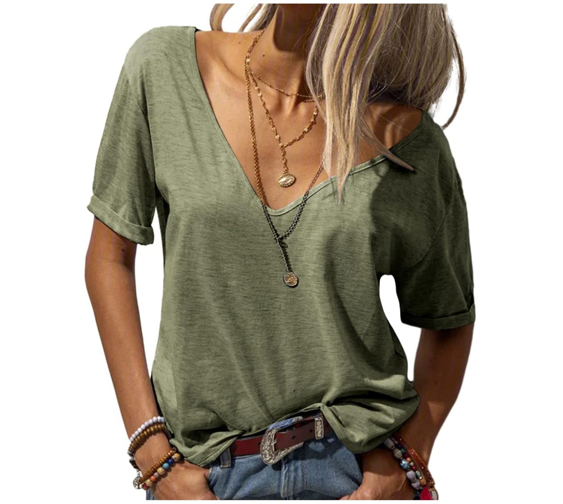Imily Bela Womens T Shirt Deep V Neck Short Sleeve Casual Fit Basic Fashion Top