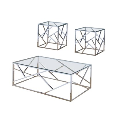 Set of 3 Industrial Tables with Open Geometric Base Silver/Clear - Benzara