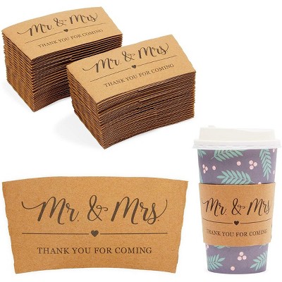 Sparkle and Bash 50 Pack Mr. and Mrs. Drink Sleeves for Coffee Cups, Thank You (4.4 x 2.5 In, Kraft Paper)