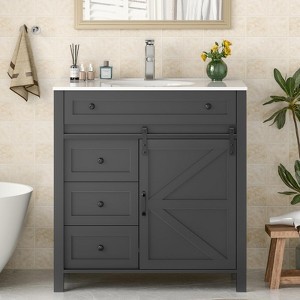 Bathroom Vanity, Vintage Vanity Cabinet with Ceramic Sink, Faucet & Drain - 1 of 4