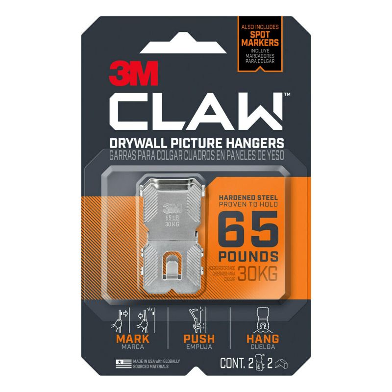 3M Claw Drywall Picture Hanger 65lb with Temporary Spot Marker + 2 hangers and 2 markers, 1 of 12