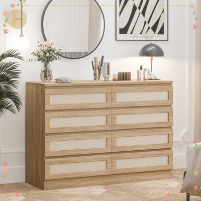 Rattan Dresser for Bedroom - 8 Spacious Drawers, Modern Design, Versatile for Closet & TV Stand