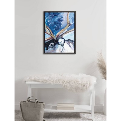 Majestic Reindeer in Snow Christmas Canvas Wall Art, 18x24, Gray Frame