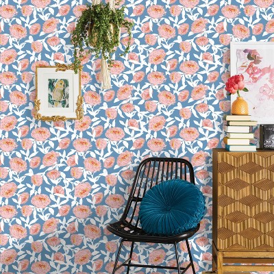 Roommates Vintage Floral Stripe Peel And Stick Wallpaper Pink : Target