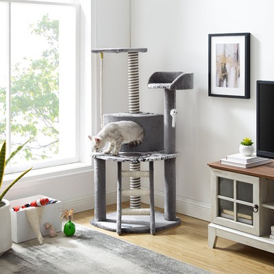 Gray Faux Fur Multi-Level Cat Tree with Hammock