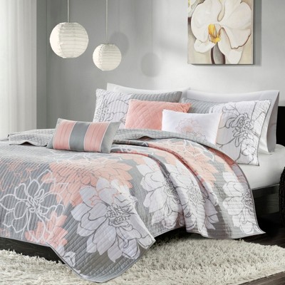PDTEND 6-Piece Full/Queen Printed Cotton Quilt Set with Throw Pillows Grey/Peach