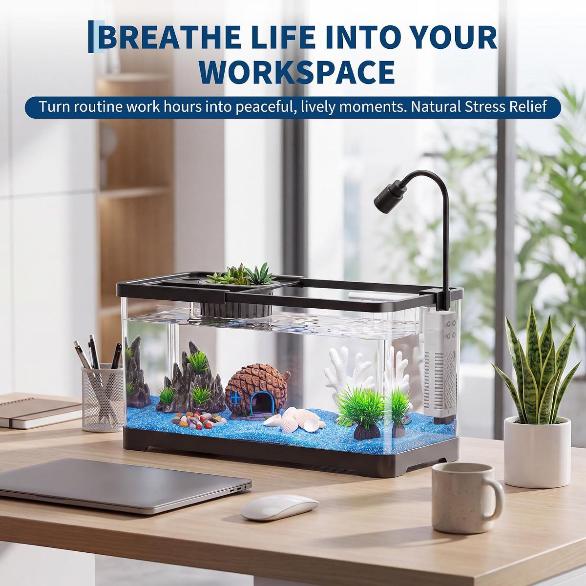 Small Plastic Fish Tank with Light & Filter, 8-Piece Kit, LED Light + Filter + Fish Net + Decor, for Desk Dorm Office - thumbnail 6