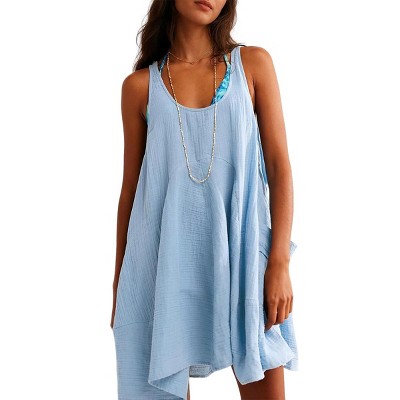 Women's loose-fitting sleeveless swing-back dress with pockets and a back tie design, suitable for daily casual wear.