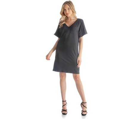 24seven Comfort Apparel Solid Color Loose Fit V Neck T Shirt Style Womens Knee  Length Dress-black-xl : Target