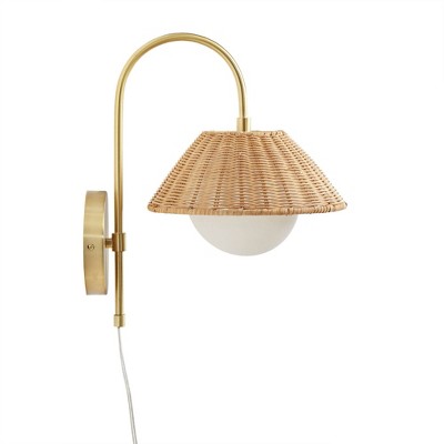 Gold Iron Wall Sconce with Rattan Shade and Frosted Globe