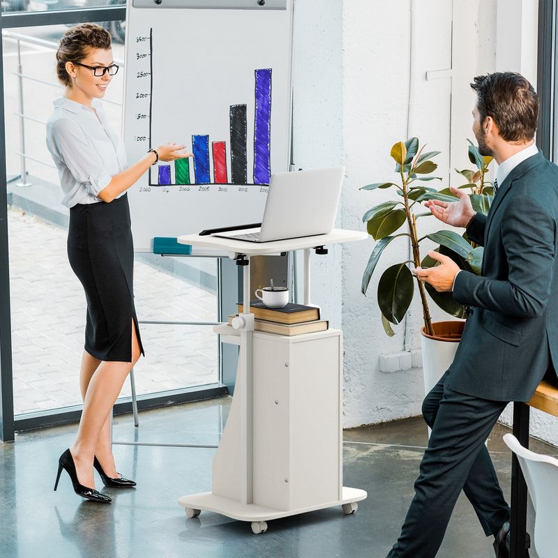 Costway 2 PCS Mobile Podium Stand Office Laptop Cart with Storage Adjustable Height White/Black, 5 of 10